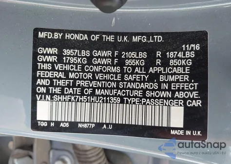 2017 Honda Civic Ex z USA, uszkodzony, nr VIN SHHFK7H51HU211359